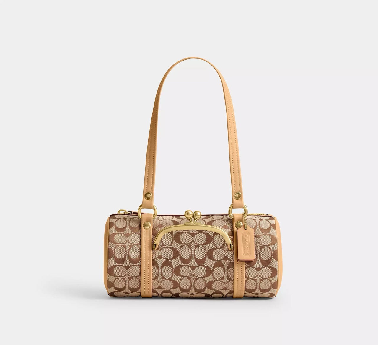 [WEB EXCLUSIVE][INCOMING ETA 30 DAYS] COACH Kisslock Barrel Bag 28 In Signature Jacquard in Khaki Light Peach (CEN91)