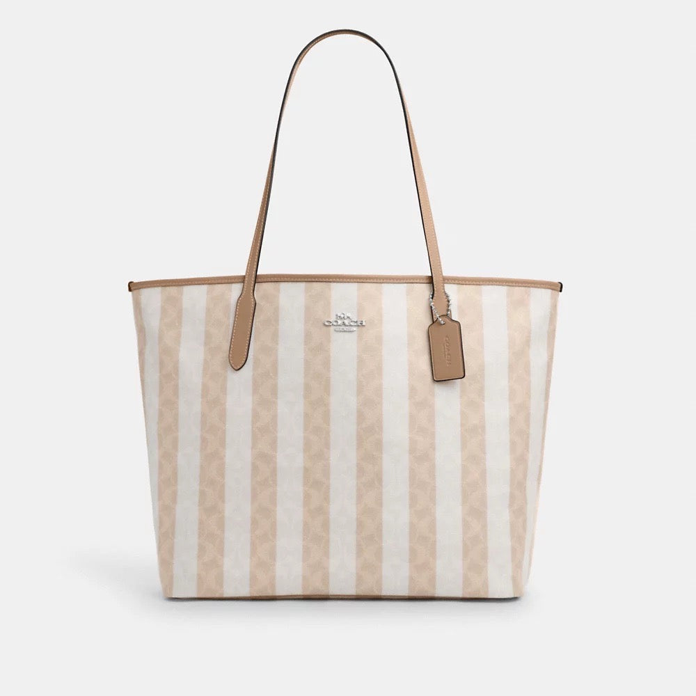 [INCOMING ETA 30 DAYS] COACH Large City Tote Bag In Signature Canvas With Stripe in Sand/Tan (SHW)(CBI03)