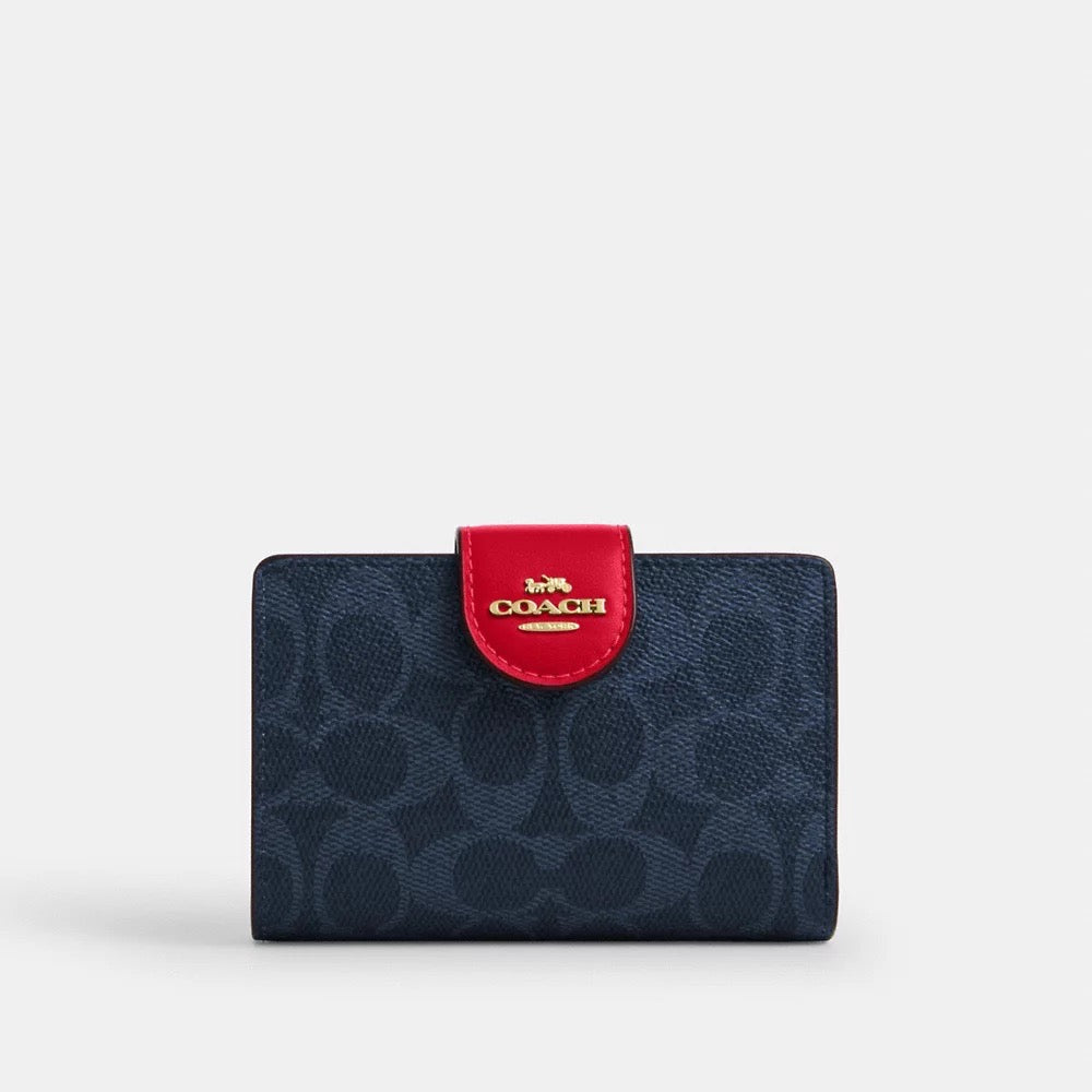 [INCOMING ETA 30 DAYS] COACH Medium Corner Zip Wallet In Signature Canvas in Denim/Bold Red (CW786)