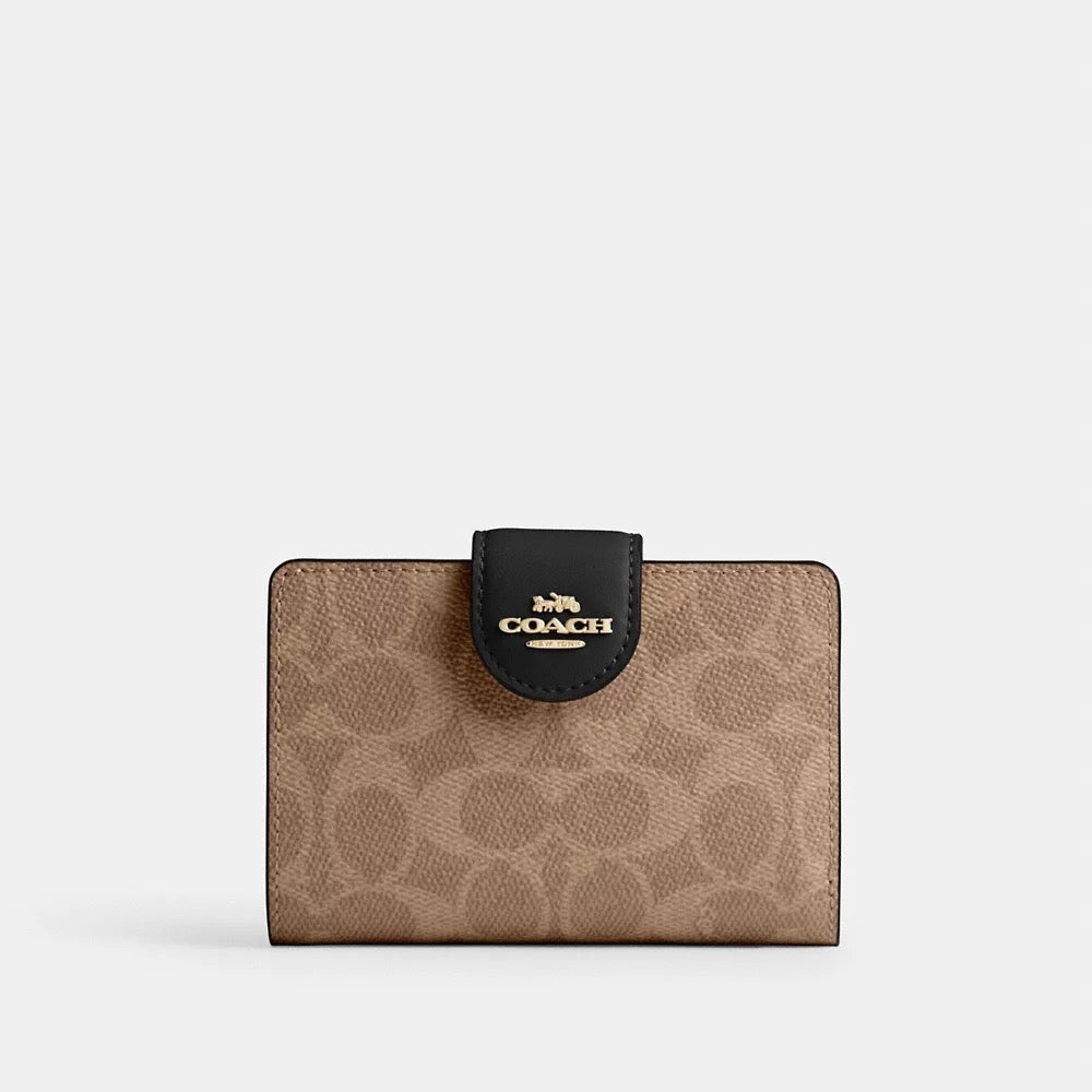 [INCOMING ETA AFTER RAYA] COACH Medium Corner Zip Wallet In Signature Canvas in Tan/Black (CW786)