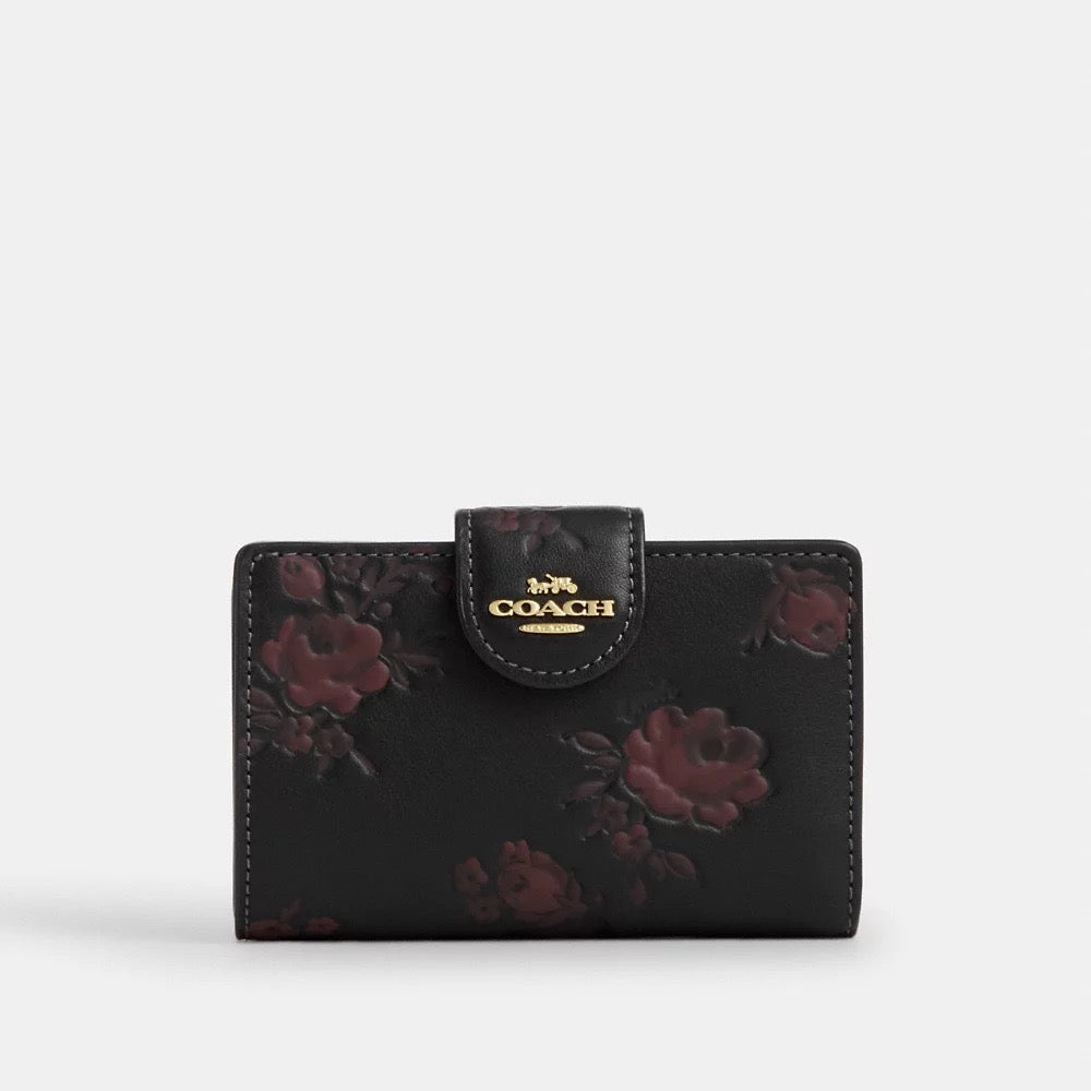 [INCOMING ETA 30 DAYS] COACH Medium Corner Zip Wallet With Floral Print in Black/Wine Multi (CCR20)