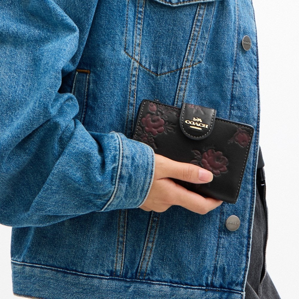 [INCOMING ETA 30 DAYS] COACH Medium Corner Zip Wallet With Floral Print in Black/Wine Multi (CCR20)