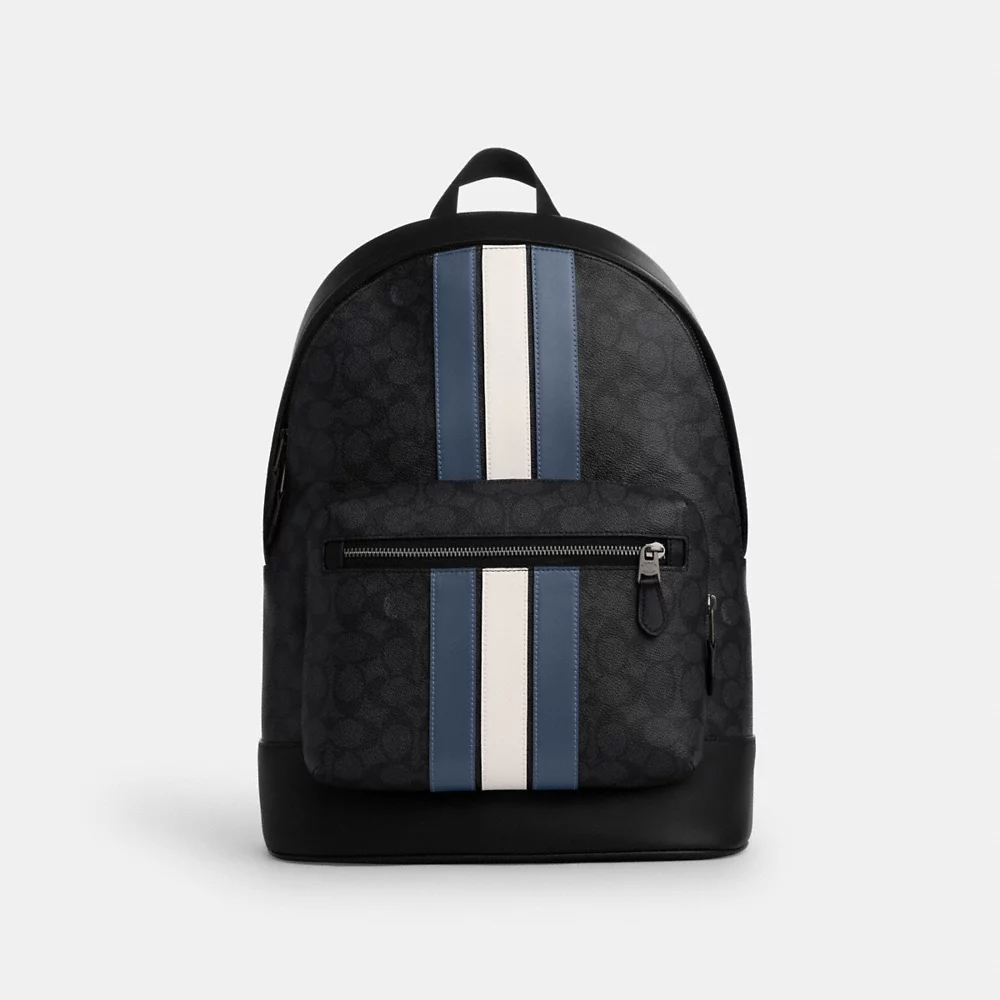 [INCOMING ETA END 30 DAYS] COACH Men West Backpack In Sig Canvas With Varsity Stripe In Charcoal Denim Chalk (CV922)