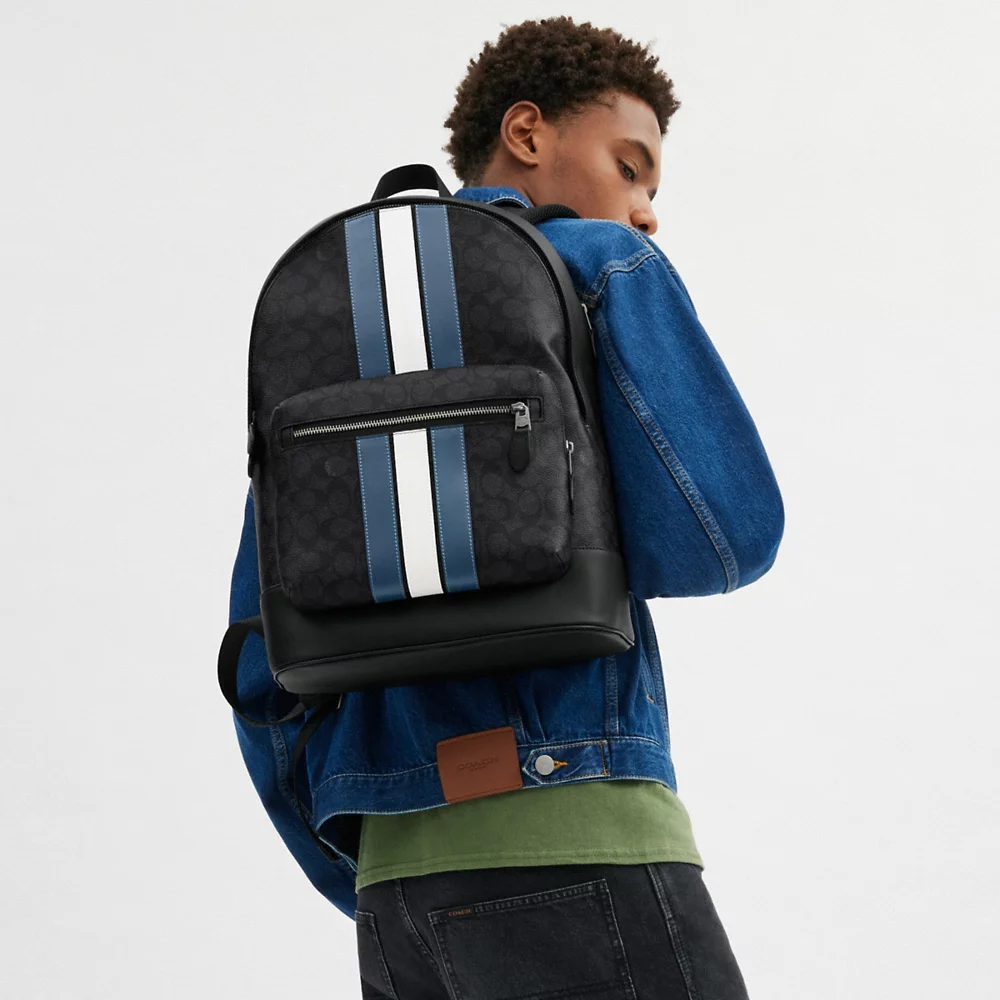 [INCOMING ETA END 30 DAYS] COACH Men West Backpack In Sig Canvas With Varsity Stripe In Charcoal Denim Chalk (CV922)