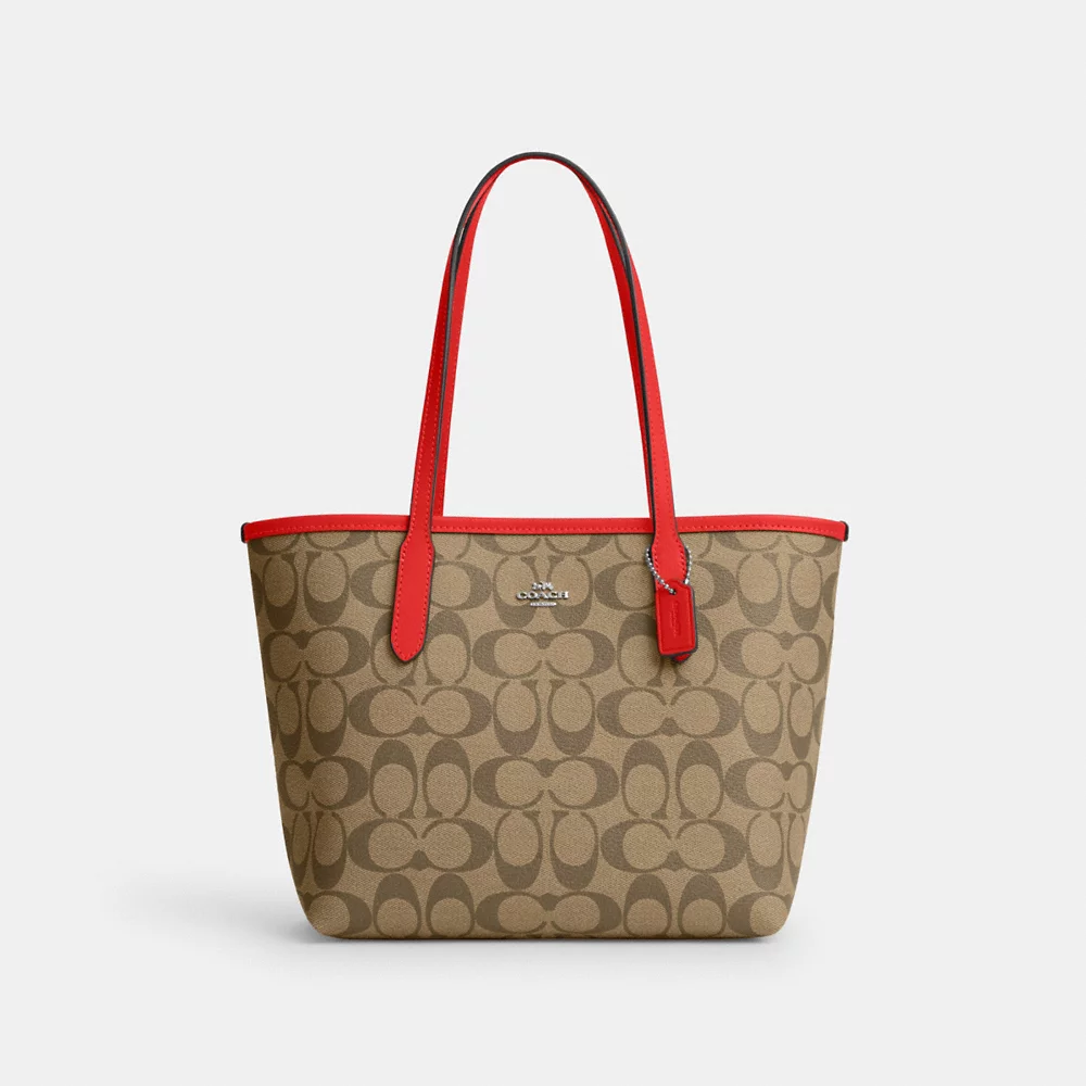 COACH Mini City Tote In Signature Canvas In Khaki/Miami Red (CN733)