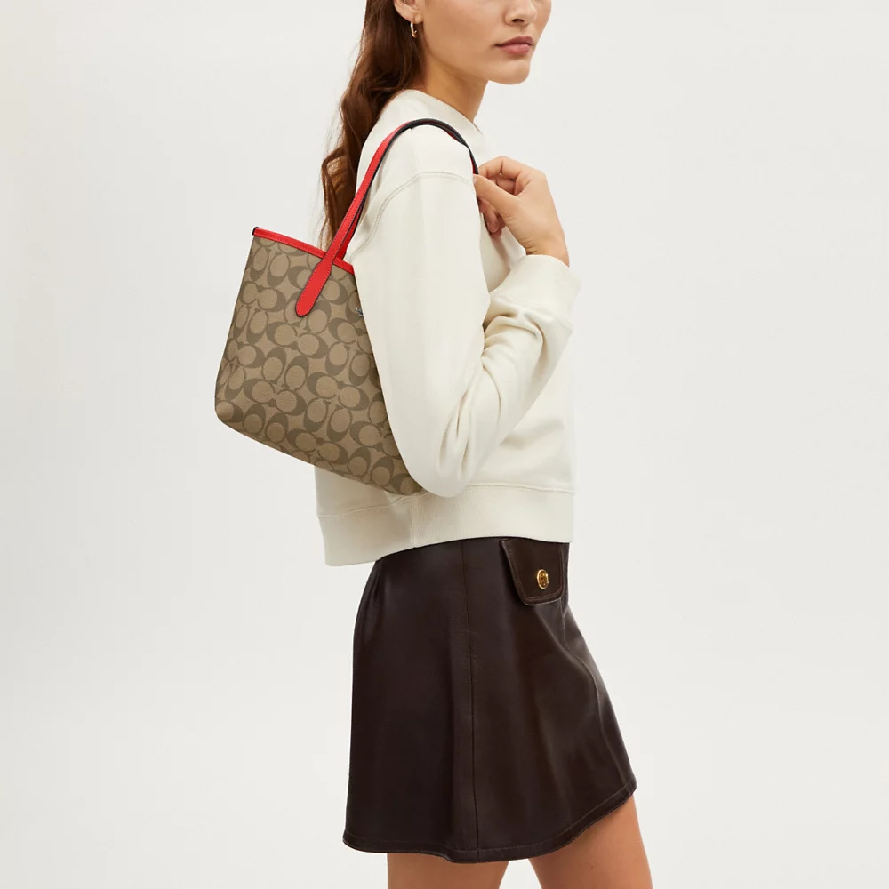 COACH Mini City Tote In Signature Canvas In Khaki/Miami Red (CN733)