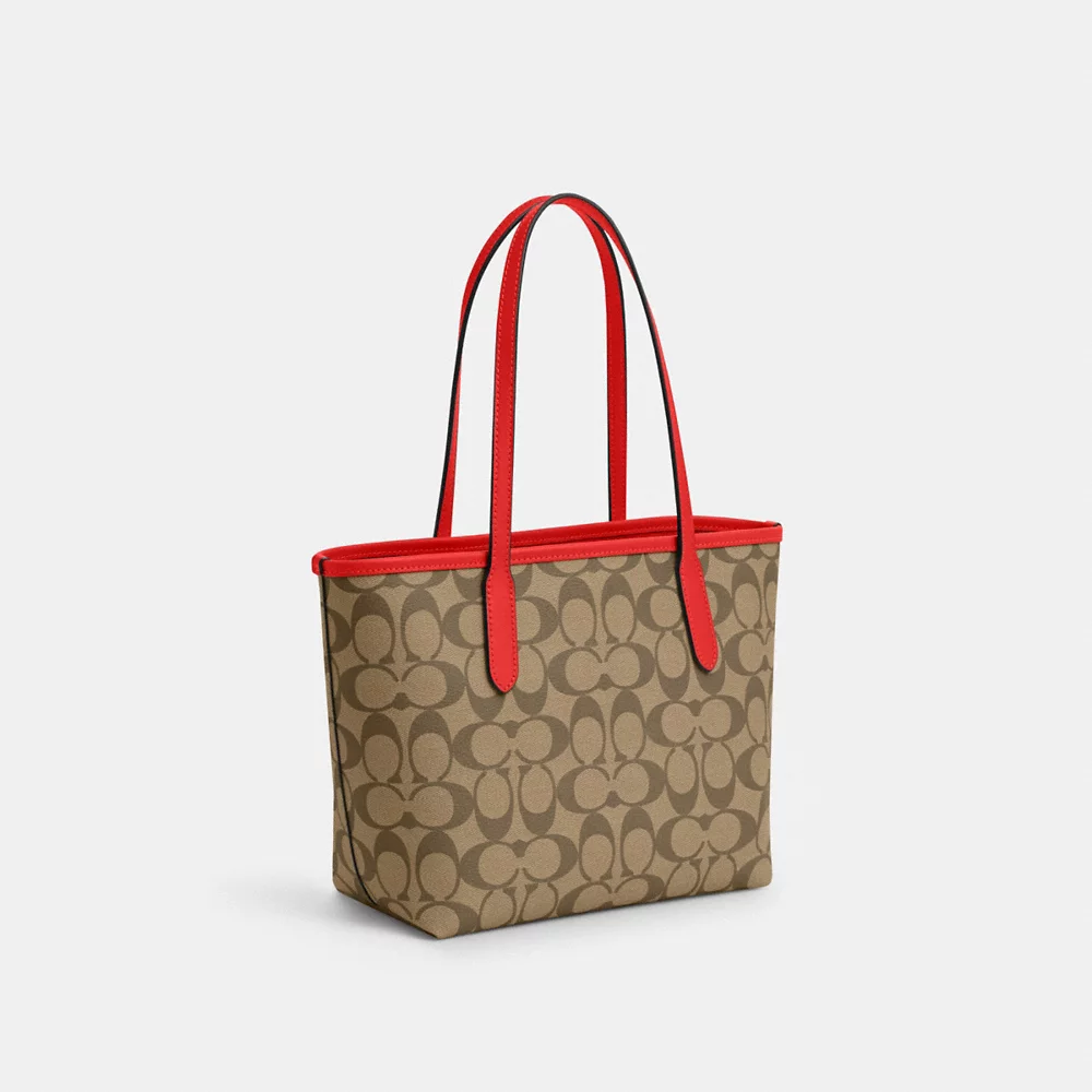 COACH Mini City Tote In Signature Canvas In Khaki/Miami Red (CN733)