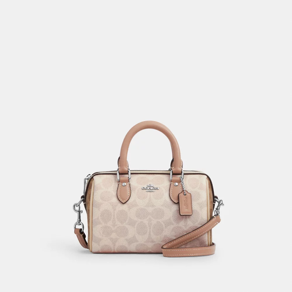 COACH Mini Rowan Crossbody Bag In Blocked Signature Canvas In Sand Taupe Multi (CW330)