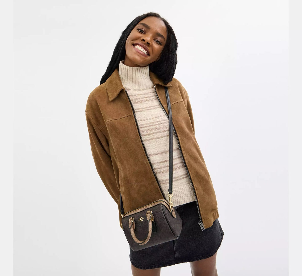 [READY STOCK MY] COACH Mini Rowan Crossbody Bag In Blocked Sig Canvas in Walnut/Tan (CAB16)