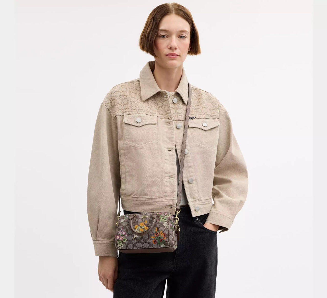 [READY STOCK MY] COACH Mini Rowan Crossbody Bag In Signature Jacquard With Floral Embroidery in Oak Multi (CDY31)