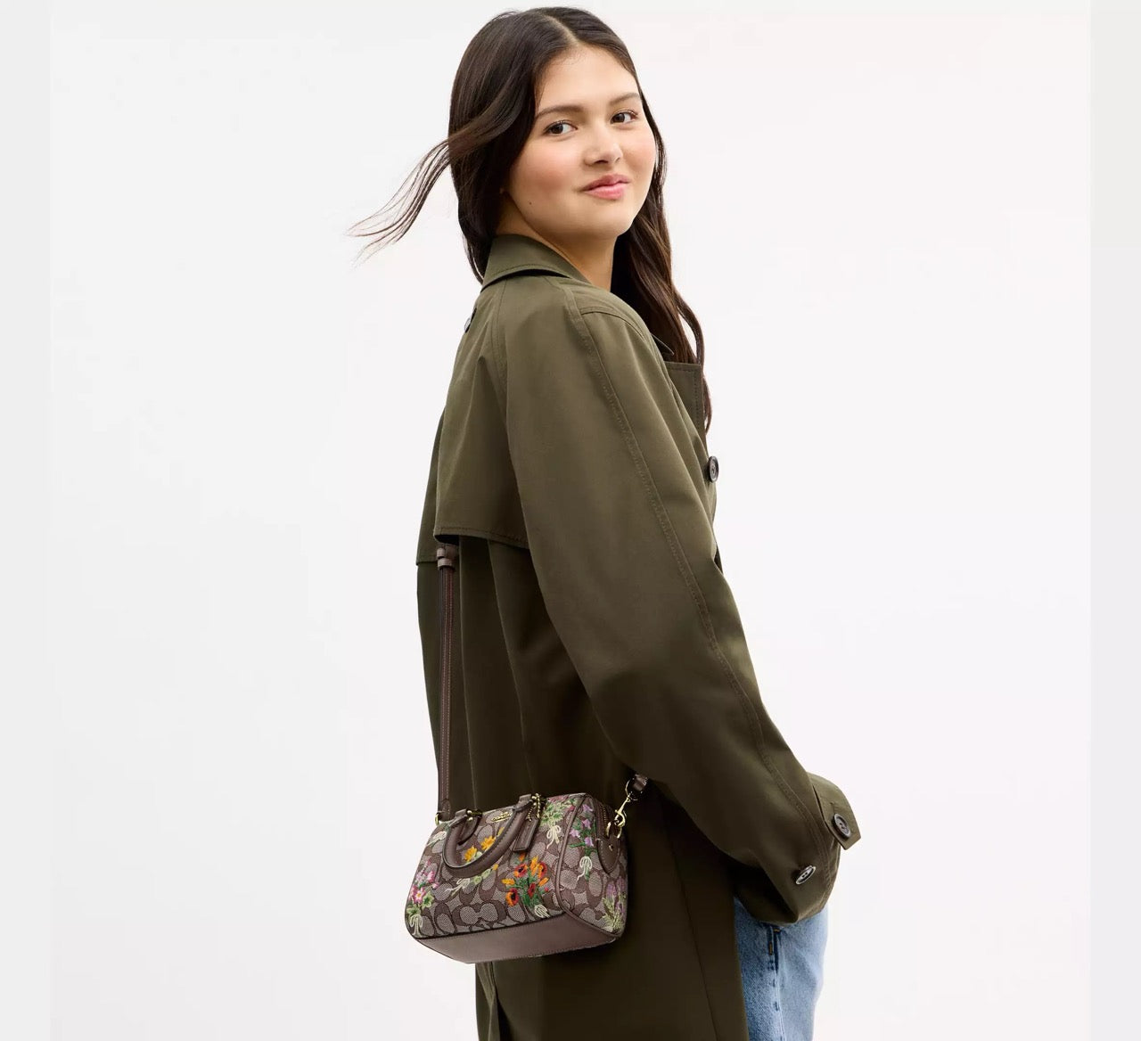 [READY STOCK MY] COACH Mini Rowan Crossbody Bag In Signature Jacquard With Floral Embroidery in Oak Multi (CDY31)