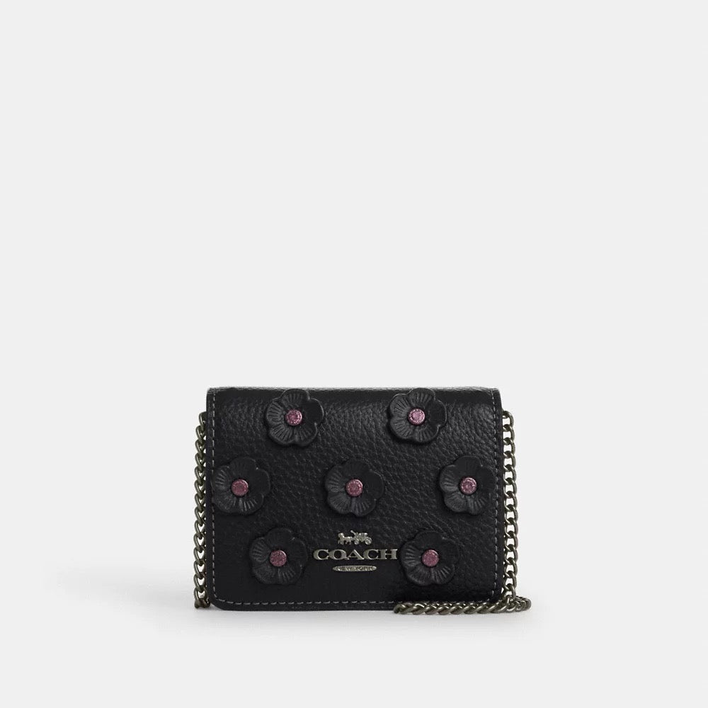 [INCOMING ETA 30 DAYS] COACH Mini Wallet On A Chain With Floral Applique in Black (CAL71)