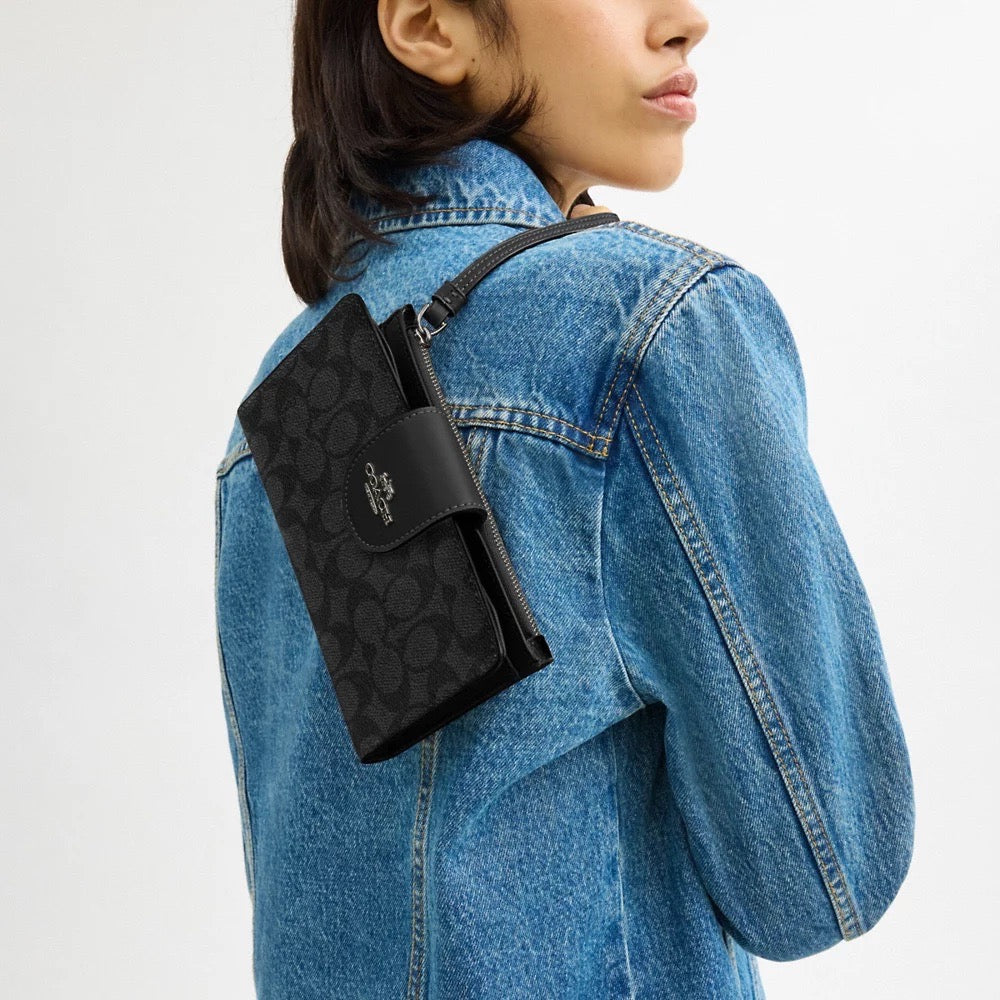 [READY STOCK MY] COACH Phone Wallet In Signature Canvas in Charcoal/Black (CW780)