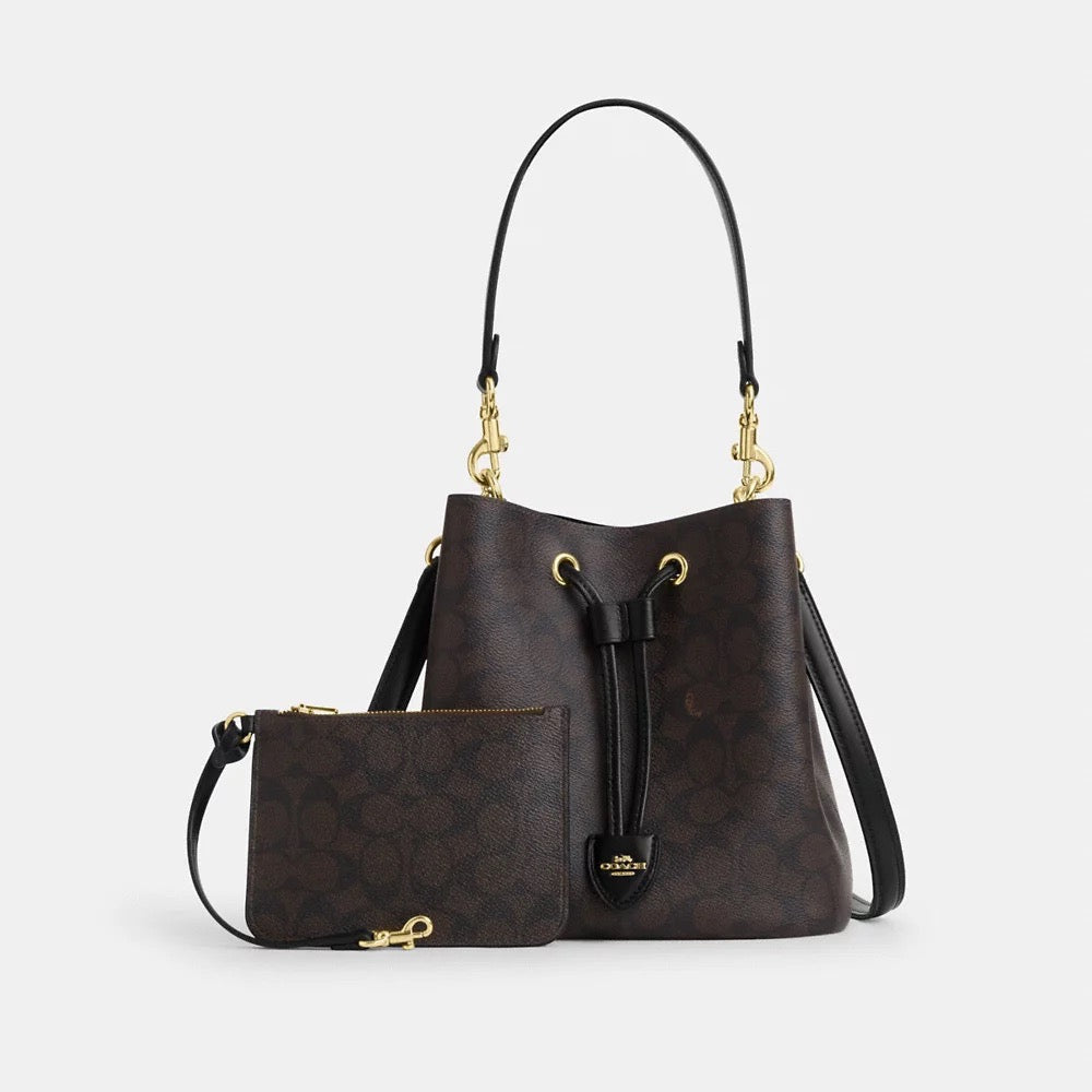 [READY STOCK MY] COACH Rowan Bucket Bag In Signature Canvas in Walnut/Black (CBH07)