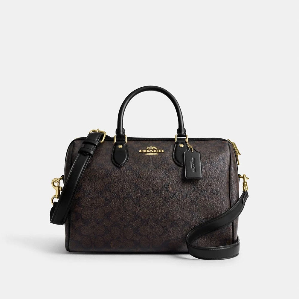 COACH Rowan Large Satchel Bag In Signature Canvas in Walnut/Black (CV959)