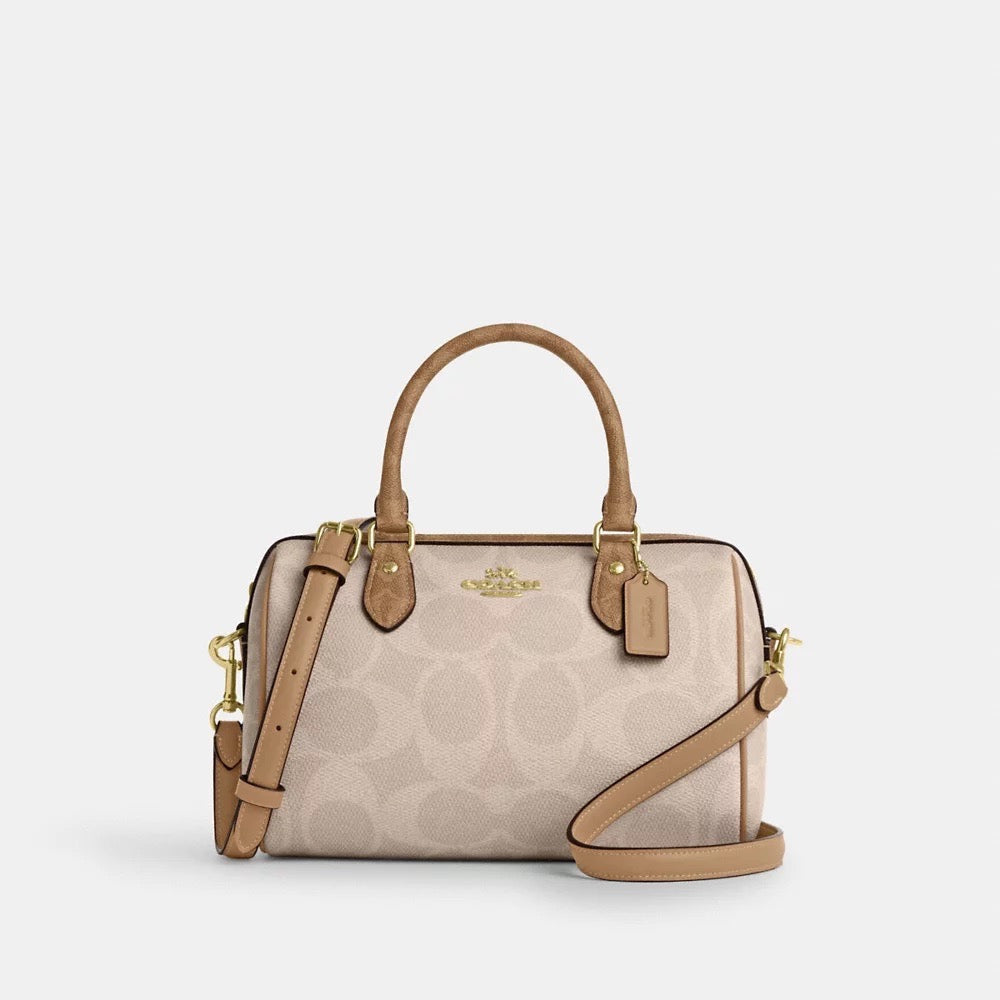 COACH Rowan Satchel Bag In Blocked Signature Canvas in Sand/Tan (CY679)