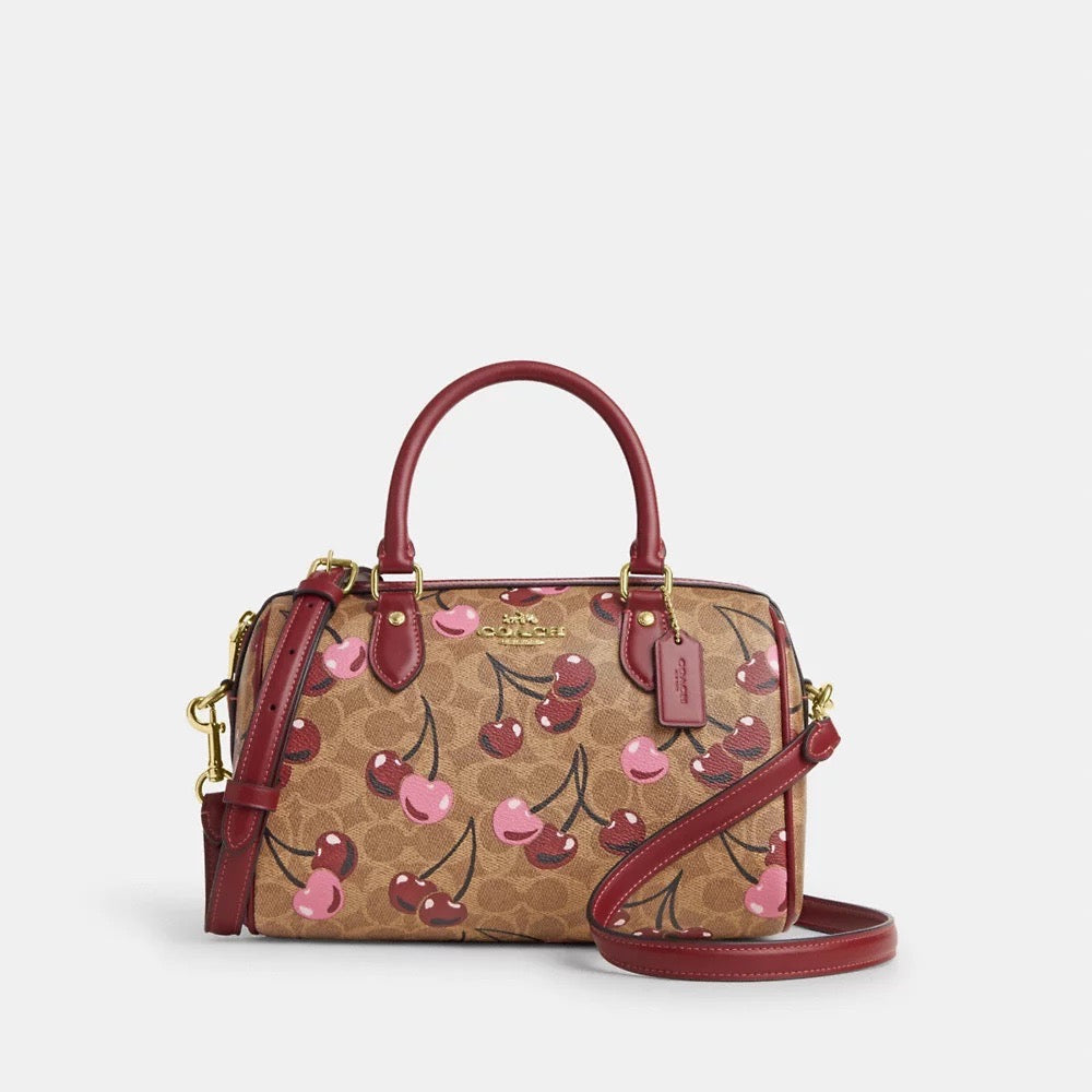 [INCOMING ETA 30 DAYS] COACH Rowan Satchel Bag In Signature Canvas With Cherry Print in Tan Multi (CY692)