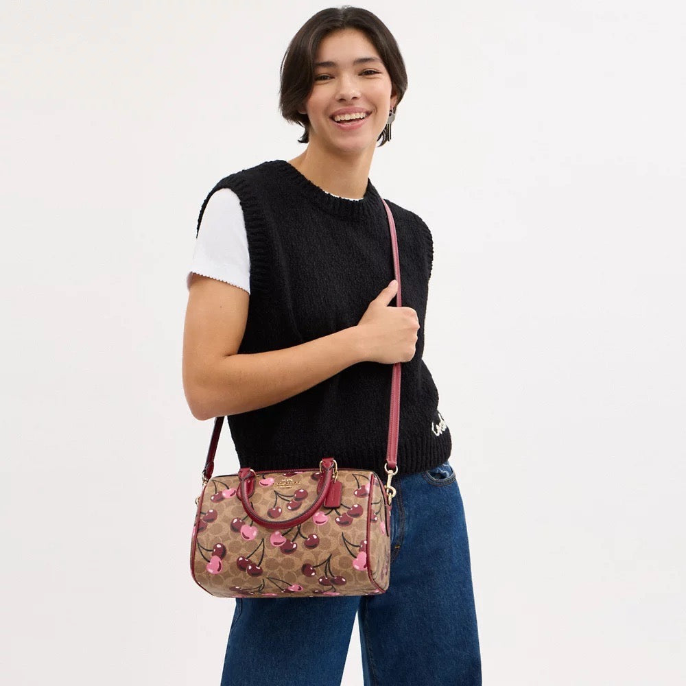 [INCOMING ETA 30 DAYS] COACH Rowan Satchel Bag In Signature Canvas With Cherry Print in Tan Multi (CY692)