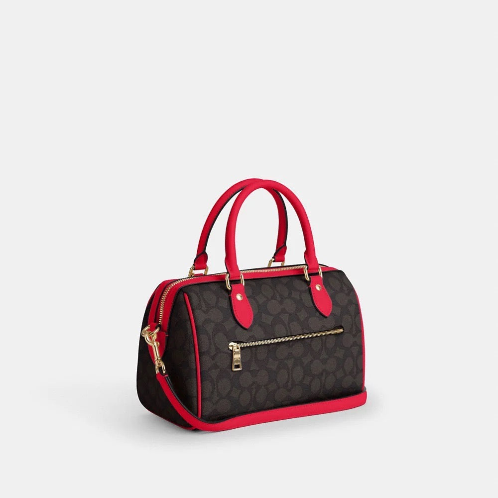 [INCOMING ETA 30 DAYS] COACH Rowan Satchel Bag In Signature Canvas in Walnut Bold Red (CV961)