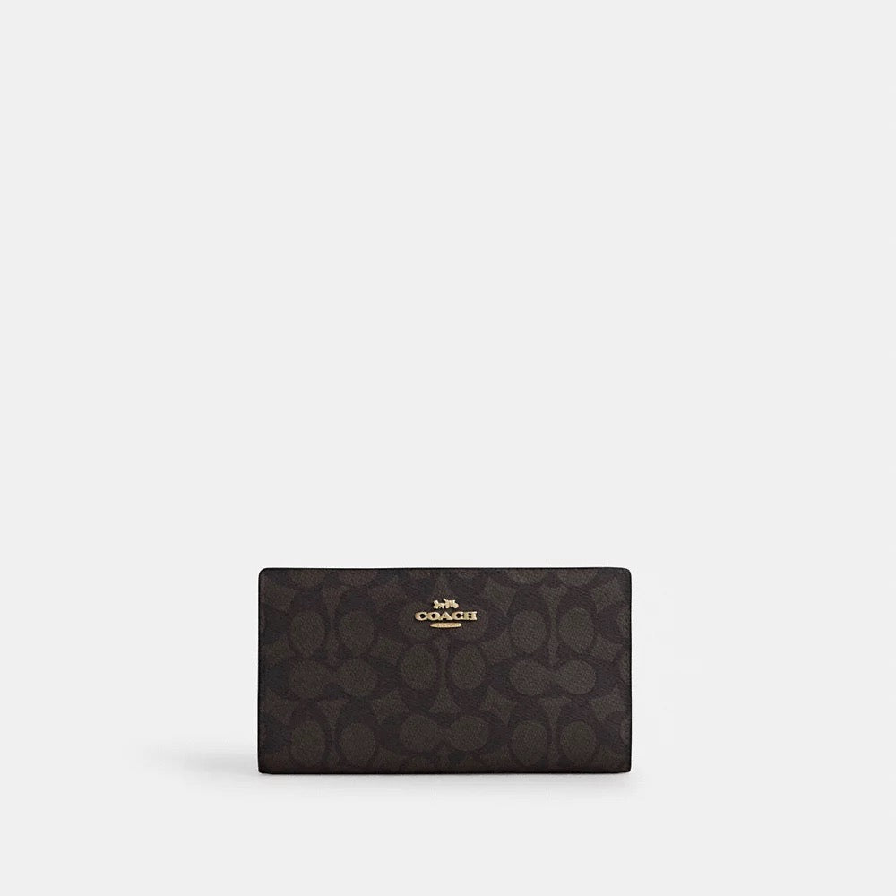 [READY STOCK MY] COACH Slim Zip Wallet In Signature Canvas in Walnut/Black (CW661)