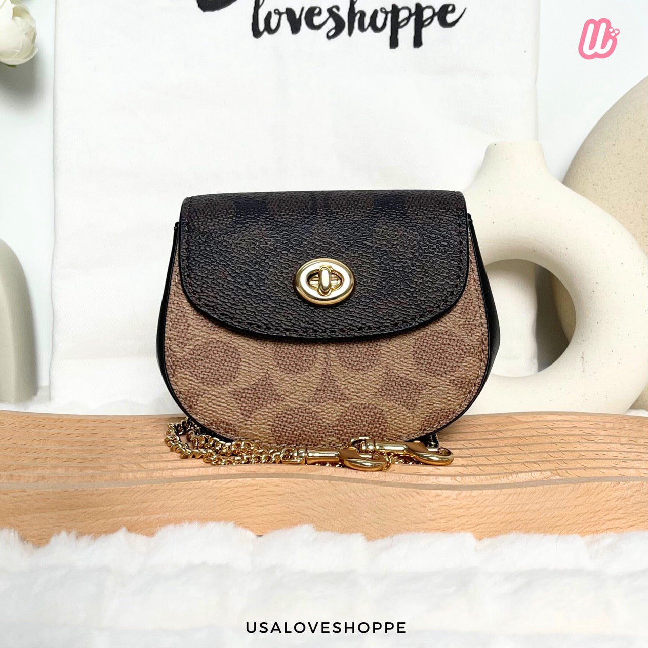 [READY STOCK MY] COACH Turnlock Card Case In Blocked Signature Canvas in Walnut/Tan (CZ474)