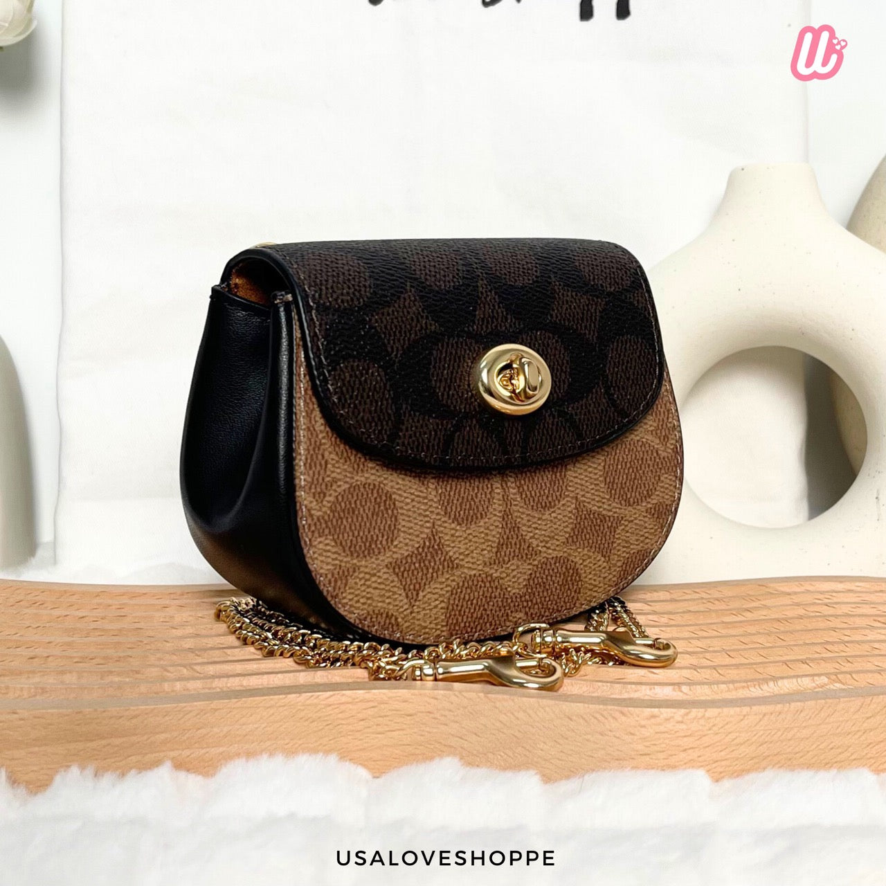 [READY STOCK MY] COACH Turnlock Card Case In Blocked Signature Canvas in Walnut/Tan (CZ474)