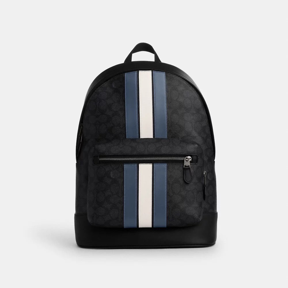 [INCOMING STOCK ETA END DEC 2024] COACH West Backpack In Signature Canvas With Varsity Stripe in Denim/Chalk (CV922)