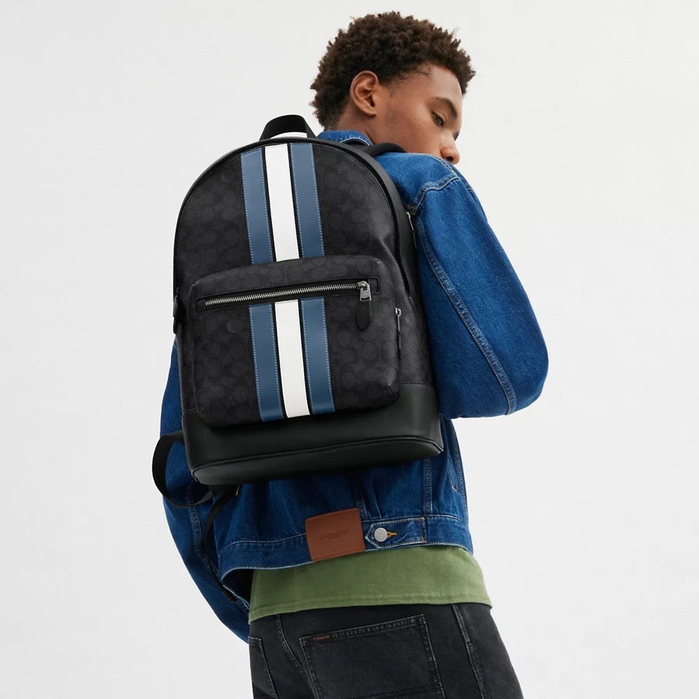 [INCOMING STOCK ETA END DEC 2024] COACH West Backpack In Signature Canvas With Varsity Stripe in Denim/Chalk (CV922)