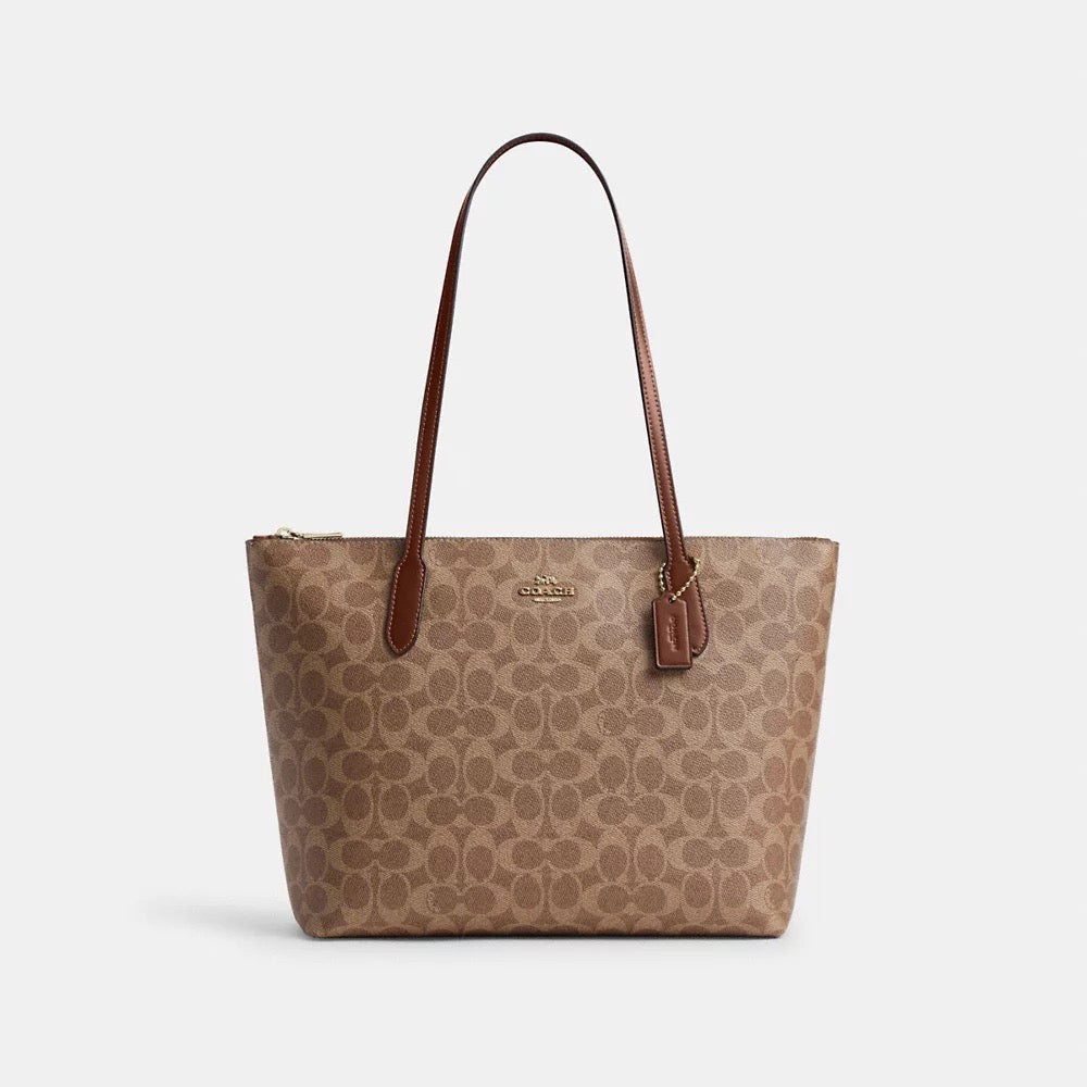 [INCOMING ETA 30 DAYS] COACH Zip Top Tote Bag In Signature Canvas in Tan/Brown (CBT20)