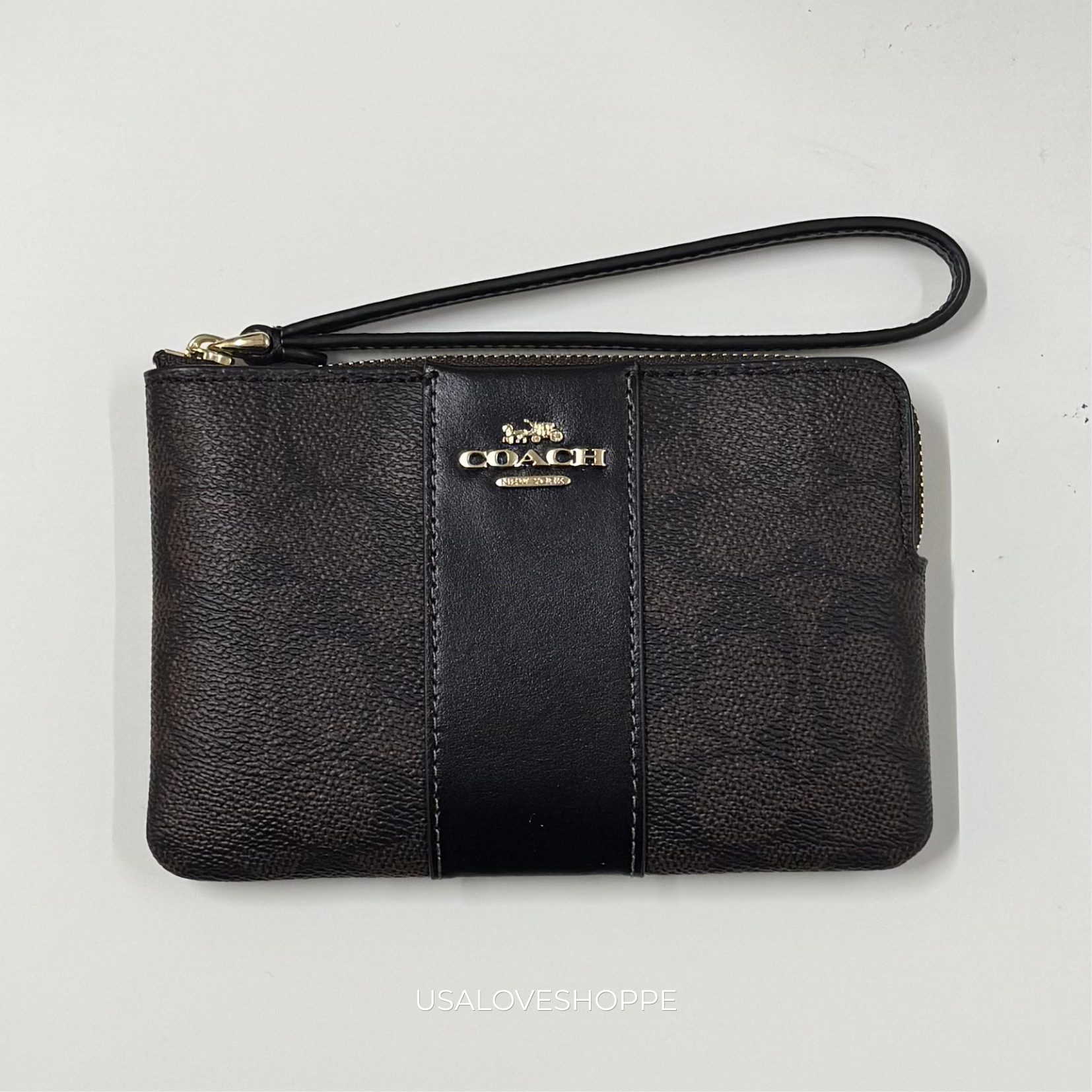 [READY STOCK MY] COACH Corner Zip Wristlet In Signature Canvas With Stripe Walnut Black (CW854)