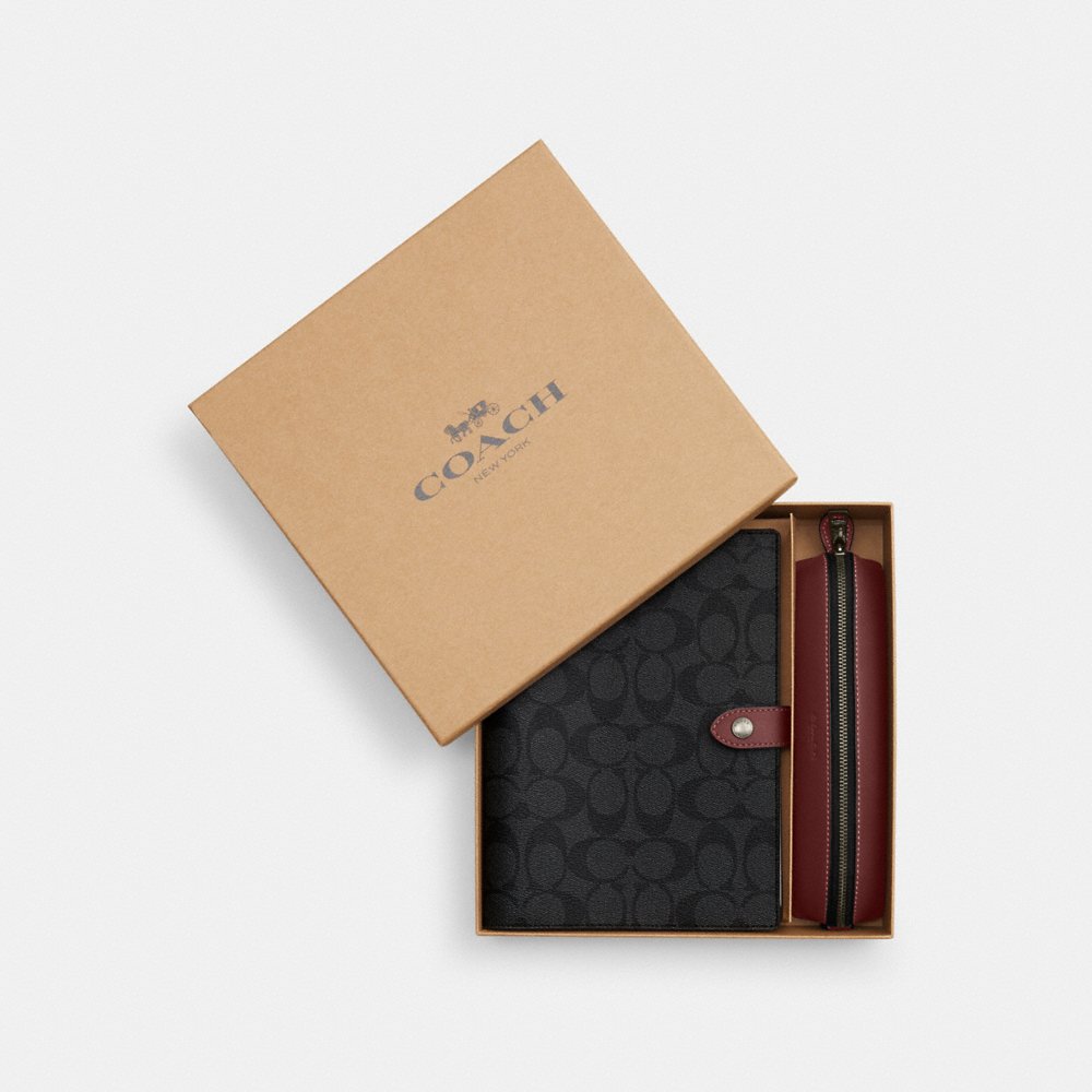 C0ACH Boxed Notebook And Pencil Case Gift Set In Sig in Charcoal/Wine (CE908)