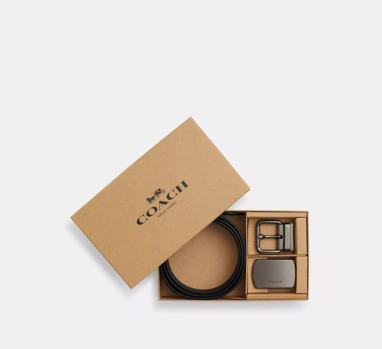 [INCOMING ETA 30 DAYS] COACH For Men Boxed Roller Buckle Cut-To-Size Reversible Belt, 38 Mm in Tan Charcoal (CDL90)