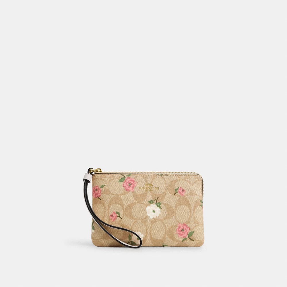 [INCOMING ETA END MAY 2024] C0ACH Corner Zip Wristlet In Sig Canvas With Floral Print in Light Khaki Chalk Multi (CR973)