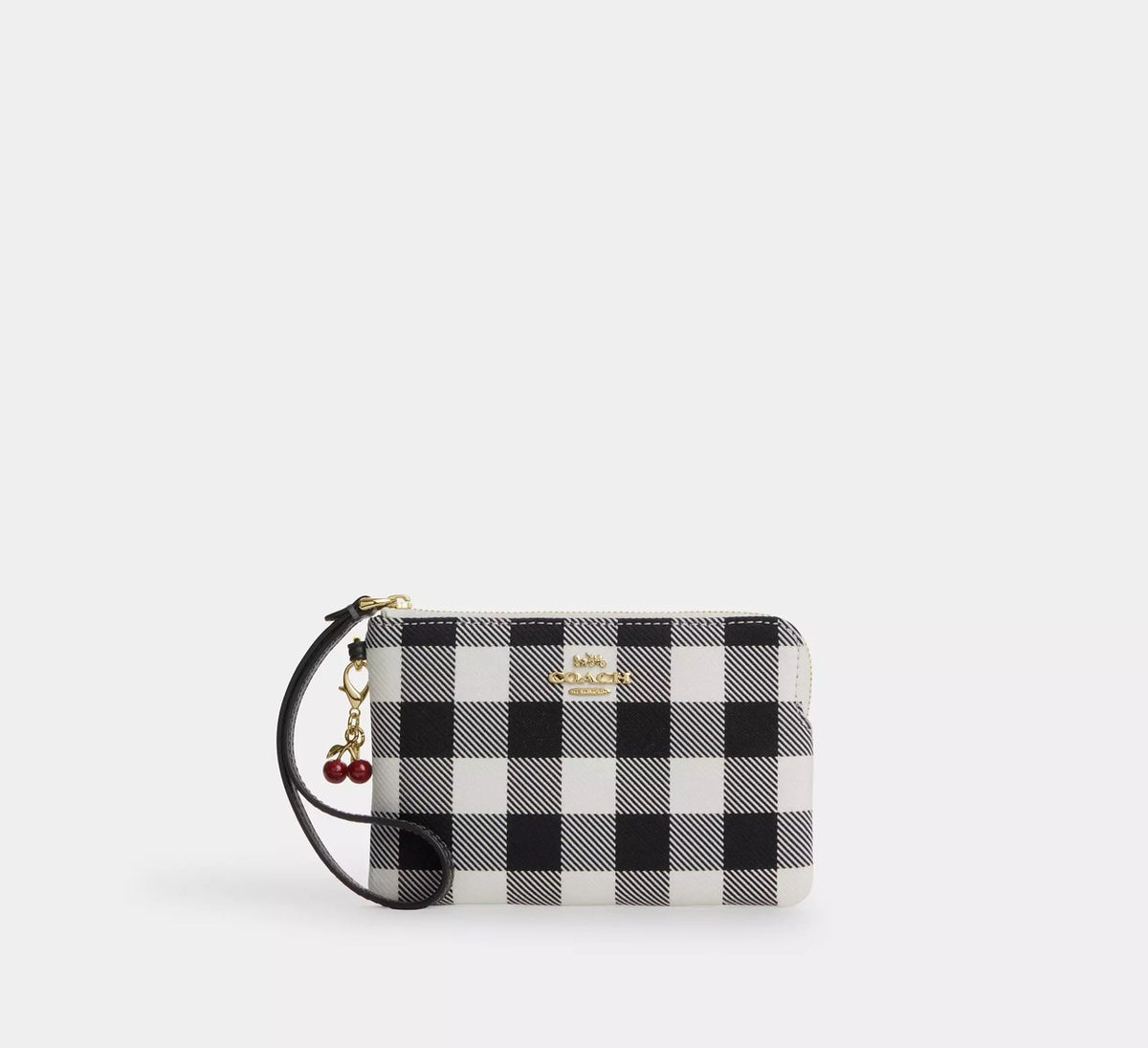 [WEB EXCLUSIVE][READY STOCK MY] Coach Corner Zip Wristlet With Gingham Print And Charm in Black Multi (CEX59)