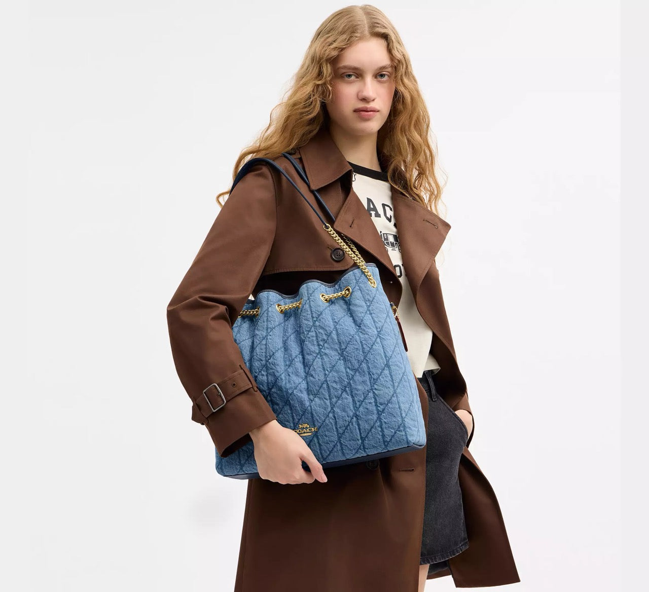 [READY STOCK MY] COACH Evelyn Large Shoulder Bag In Regenerative Cotton With Quilting in Indigo (CDC01)