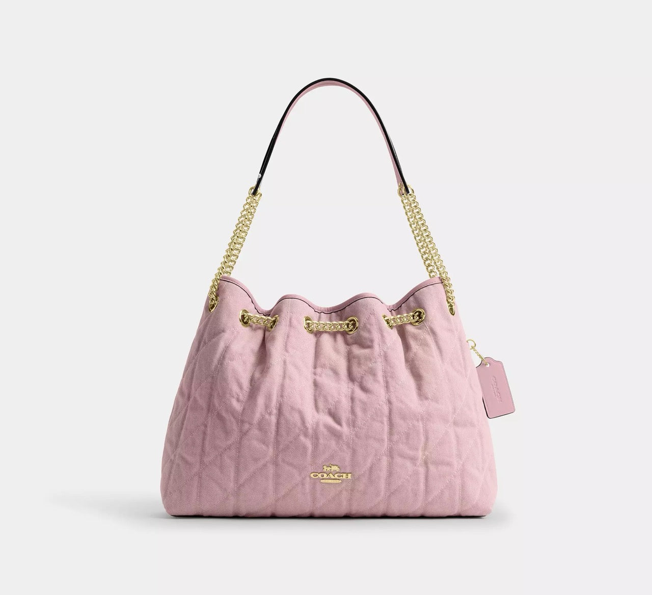[WEB EXCLUSIVE][READY STOCK MY] COACH Evelyn Shoulder Bag In Loved Denim With Quilting And Charm in Light Pink (CER79)