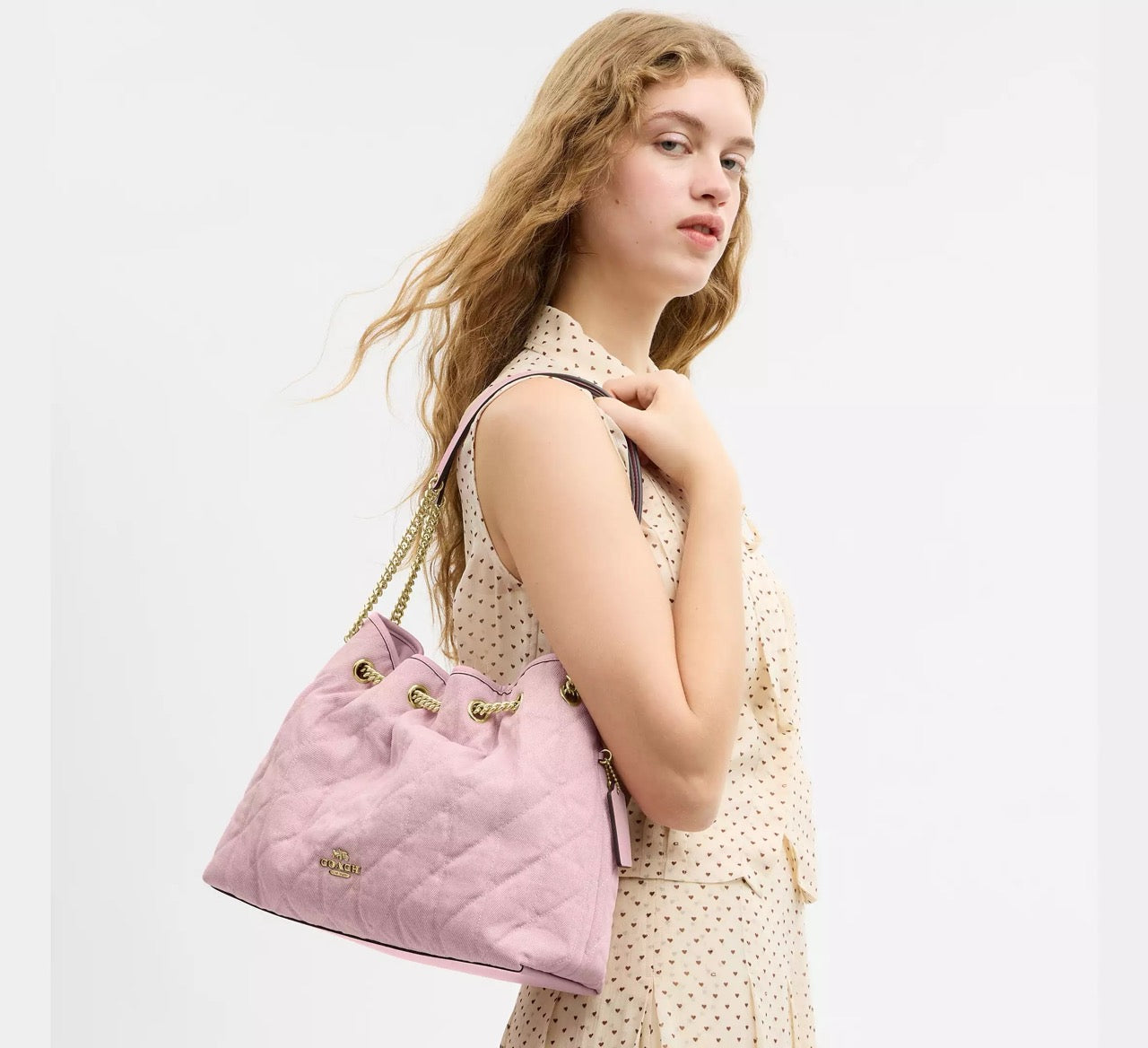 [WEB EXCLUSIVE][READY STOCK MY] COACH Evelyn Shoulder Bag In Loved Denim With Quilting And Charm in Light Pink (CER79)
