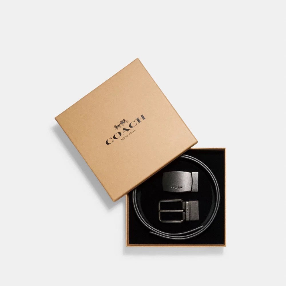[READY STOCK MY] COACH Men Boxed Plaque And Harness Buckle Cut To Size Reversible Belt, 38 mm in Black/Black (22540)