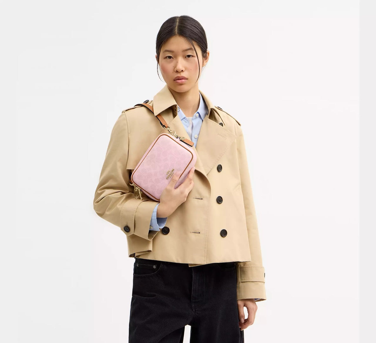 [READY STOCK MY] Coach Mini Carey Crossbody Bag In Signature Canvas With Charms in Powder Pink (CEK74)