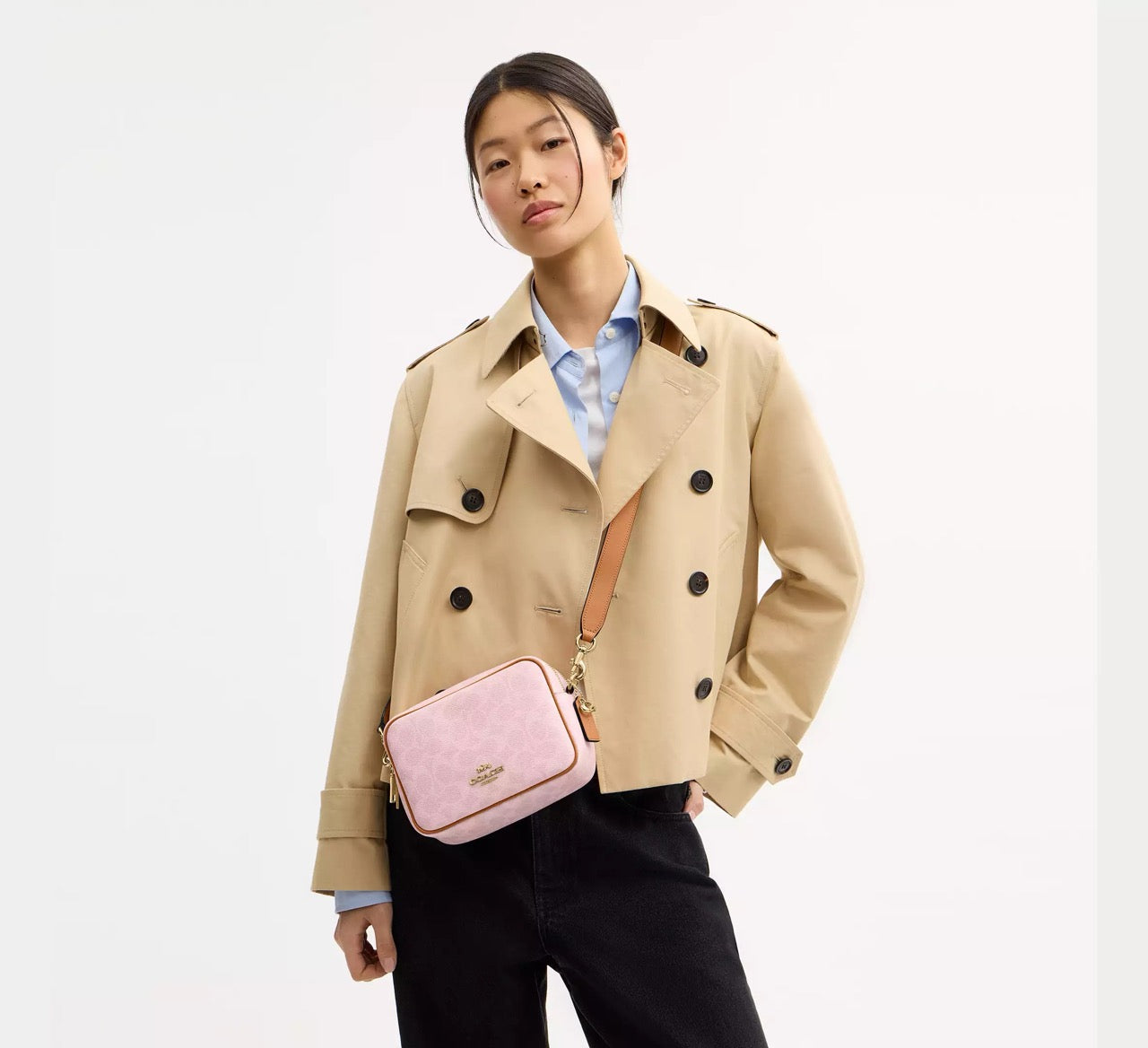 [READY STOCK MY] Coach Mini Carey Crossbody Bag In Signature Canvas With Charms in Powder Pink (CEK74)