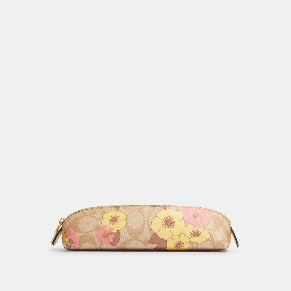 [READY STOCK MY] COACH Pencil Case in Signature Canvas With Floral Cluster Print in Light Khaki Multi (CI022)