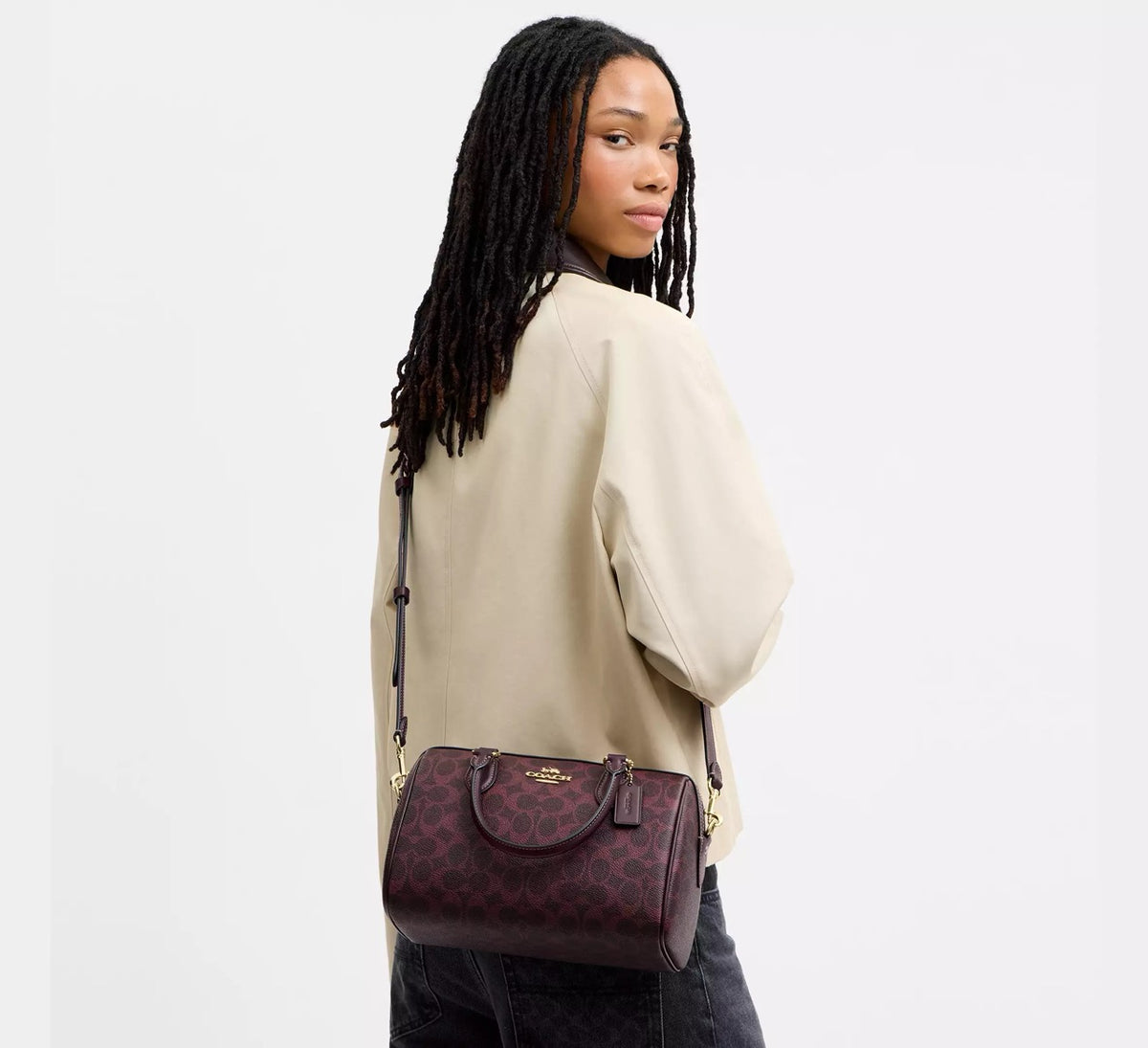 [INCOMING ETA 30 DAYS] Coach Rowan Satchel Bag In Signature Canvas in Black Currant (CV961)