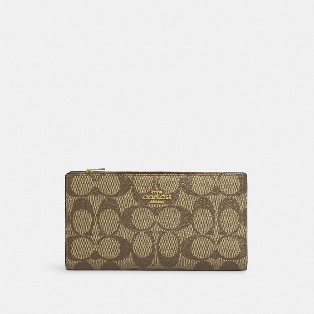 COACH Slim Zip Wallet In Signature Canvas in Khaki/Saddle 2 (C8714)