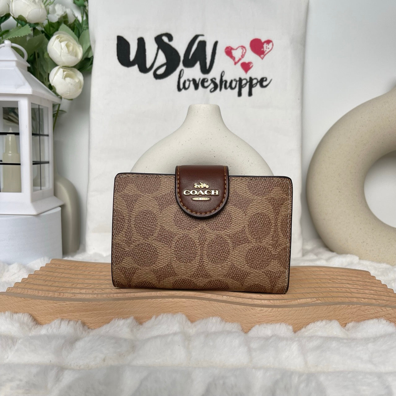 [DEFECT][READY STOCK MY] COACH Medium Corner Zip Wallet In Signature Canvas In Tan/Brown (CW786)