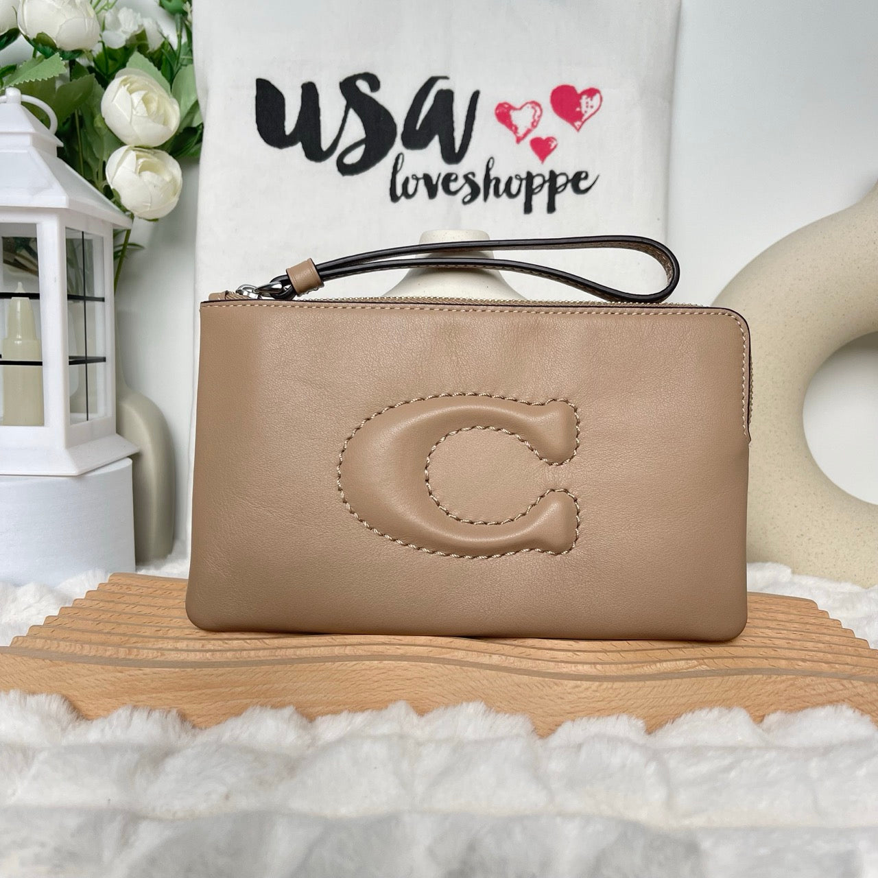 Coach Bag Malaysia | Coach Large Corner Zip Wristlet in Taupe (SHW