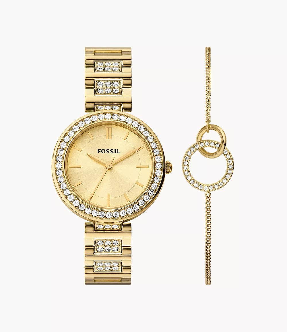 [READY STOCK MY] FOSSIL Karli Three-Hand Gold-Tone Stainless Steel Watch and Bracelet Box Set in Gold (BQ3903SET)