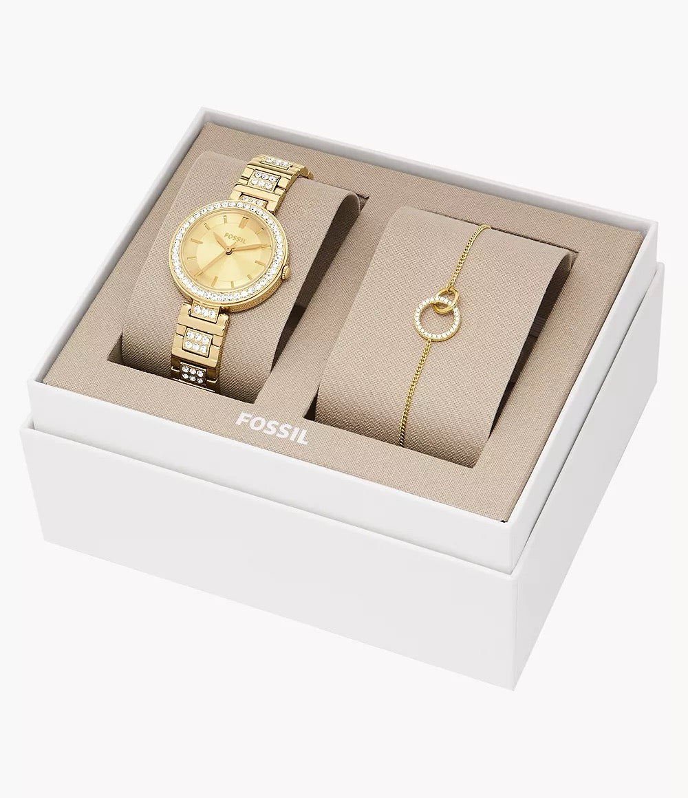 [READY STOCK MY] FOSSIL Karli Three-Hand Gold-Tone Stainless Steel Watch and Bracelet Box Set in Gold (BQ3903SET)