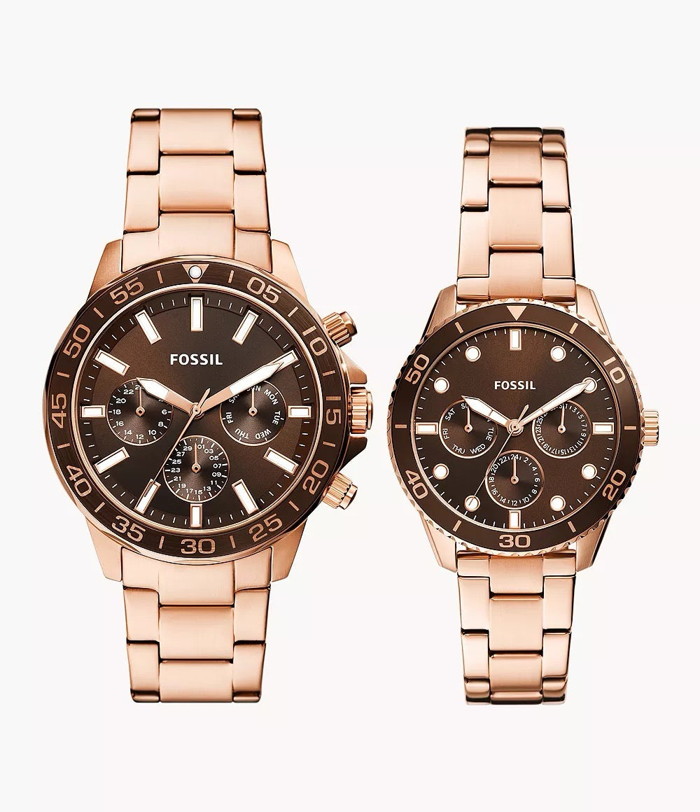 [READY STOCK MY] FOSSIL Watch His and Hers Multifunction Rose Gold-Tone Stainless Steel Watch Box Set (BQ2827SET)