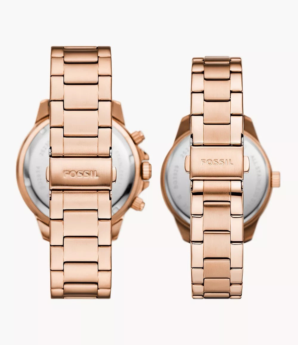 [READY STOCK MY] FOSSIL Watch His and Hers Multifunction Rose Gold-Tone Stainless Steel Watch Box Set (BQ2827SET)