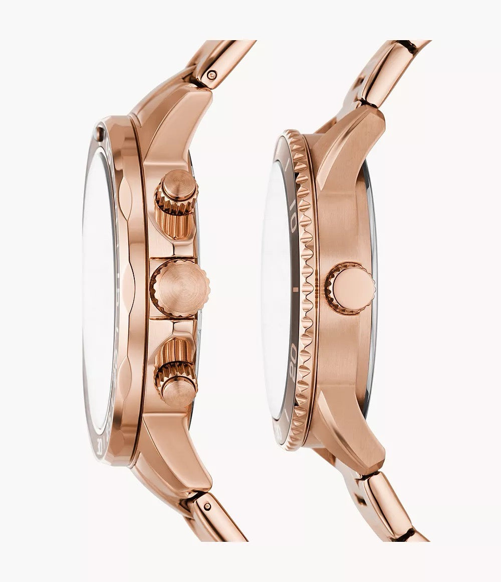 [READY STOCK MY] FOSSIL Watch His and Hers Multifunction Rose Gold-Tone Stainless Steel Watch Box Set (BQ2827SET)